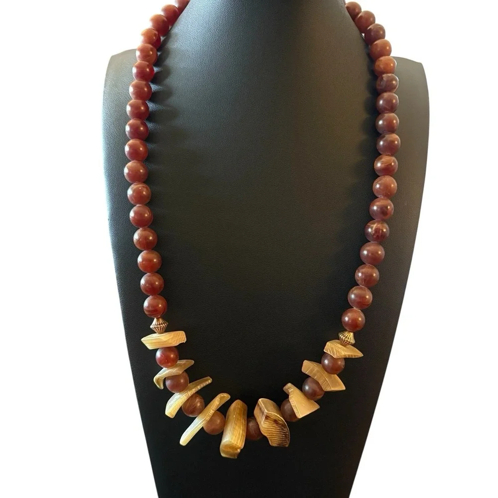 Chunky Lucite Necklace Faux Tiger Amber &‎ Bone Statement Tribal Signed M.E. VTG
